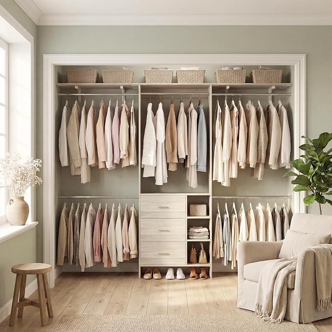 Aheaplus Closet System - 8FT Organizer with 3 Wooden Drawers, Fits 5.3-9 ft Walk-in Closet, White Oak