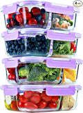 Glass Meal Prep Containers 2 & 3 Compartments with Lids 4 Pack 32 oz | Glass Food Storage Portion Control Bento Box, Airtight Leak Proof Lids, Microwave Oven Freezer Dishwasher Safe, Lavender