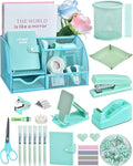 LXEVIHK Green and Blue Desk Accessories, 26Pcs Office Supplies and Desk Organizers, with Tape Dispenser, Stapler, Staple Remover, Ect,Christmas Gifts