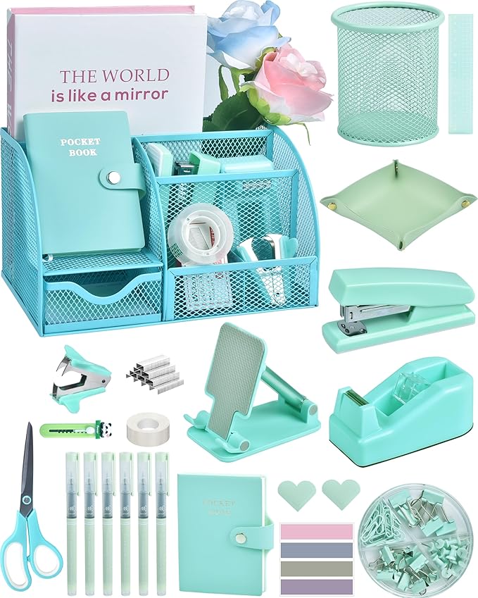 LXEVIHK Green and Blue Desk Accessories, 26Pcs Office Supplies and Desk Organizers, with Tape Dispenser, Stapler, Staple Remover, Ect,Christmas Gifts