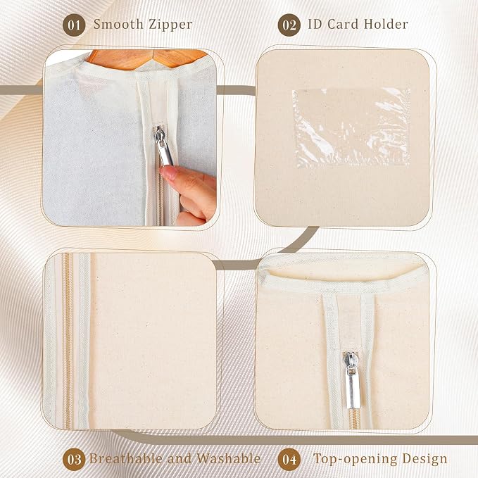 6 Pack Cotton Garment Bags 40" Garment Storage Bags for Hanging Clothes | Beige Travel Breathable Washable Suit Covers with ID Card Holder for Coats Jackets Shirts Short Dresses Closet Storage