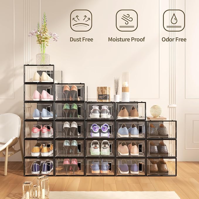 Snaxo 12 Pack Large Clear Shoe Storage Boxes, Stackable Modular Plastic Shoe Organizer Front-Opening Door, Ventilated Dust-Proof Sneaker Display Cases Closet and Entryway, Black