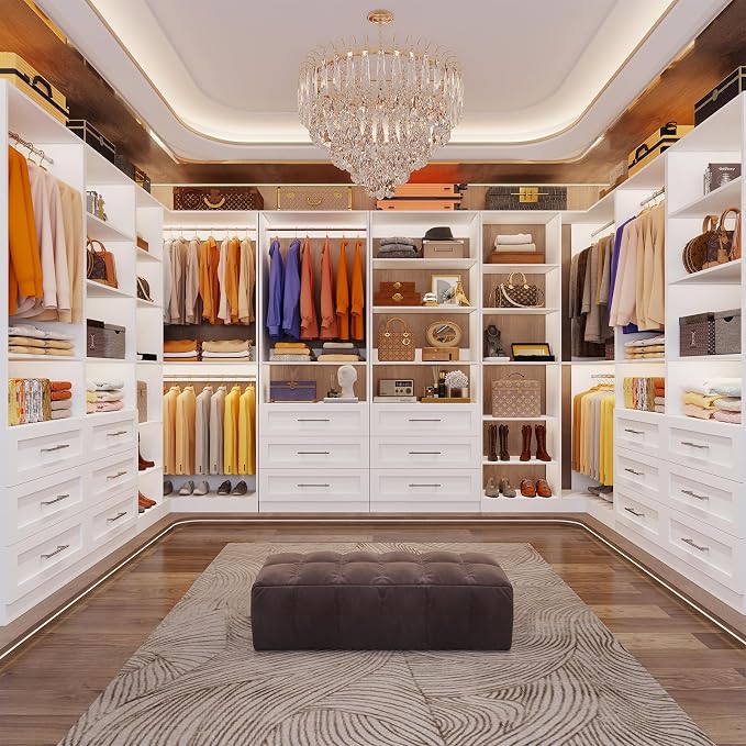 Closet System with 4 Sets, 8.5FT-21.5FT Corner Closet Organizer System with 9 Drawers & 12 Shelves & 8 Hanging Rods, Custom L-Shaped Modular Walk-in Closet Organizers and Storage System Corner, White