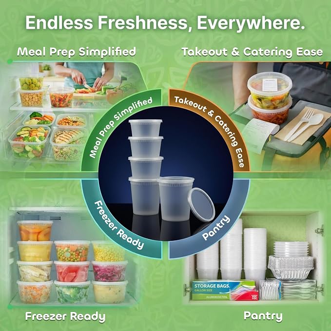 120 Sets Plastic Deli Containers with Lids - 8oz, 16oz Pint & 32oz Quart | Leak Proof, Microwaveable, Dishwasher & Freezer Safe - Plastic Food Storage, Meal Prep, Restaurant & Soup Containers