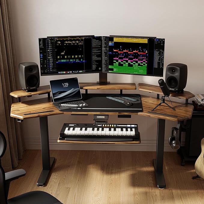 EUREKA ERGONOMIC Solid Wood Top Gaming Desk, 72" Dark Acacia Wood Wing-Shaped Studio Desk with Keyboard Tray, LED Shelves, Heavy-Duty Recording & Live Stream Desk