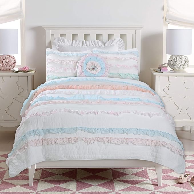 Cozy Line Home Fashions Light Pink Blue Coral White Ruffle 100% Cotton Reversible Girl Quilt Bedding Set, Reversible Coverlet Bedspread (Shabby Chic, Twin - 3 Piece)