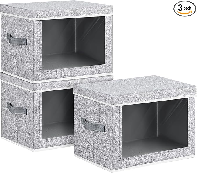 Homsorout Large Storage Baskets Bins with Lids - Stackable Cube Bins for Closet, 3 Pack Windows Organizer Bins, Home Organizers and Storage for Clothes, CD, Towels, Light Grey