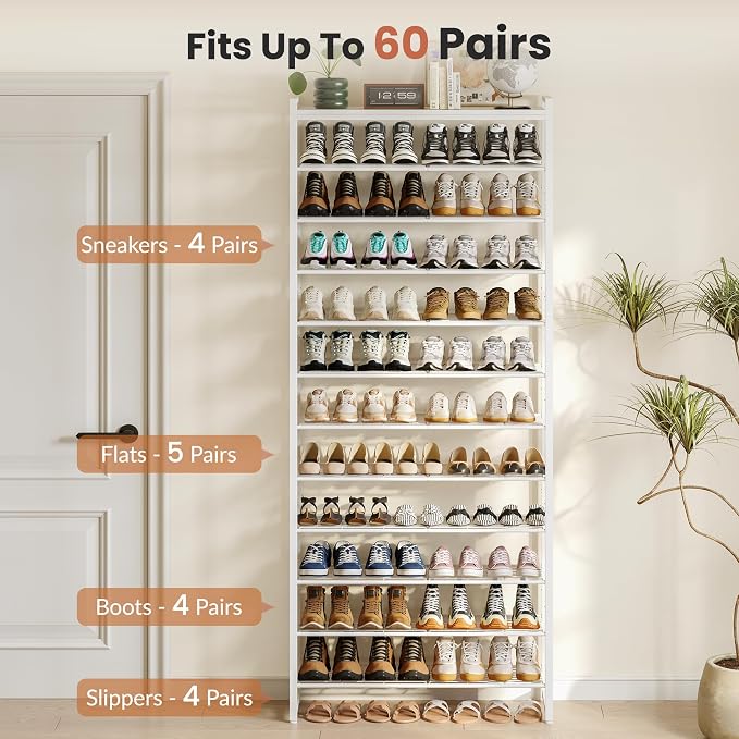 12 Tier Shoe Rack Organizer for 48-60 Pairs, Tall Metal Shoe Storage Shelf with Wood Top, Adjustable Boot Space, Narrow Design for Entryway Closet, White