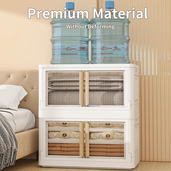 Collapsible Storage Bins with Lids, Wooden Handles 92Qt Large 4 Packs Stackable Storage Bin with Individual Lids, Foldable Storage Cabinet for Home, Office, Dorms