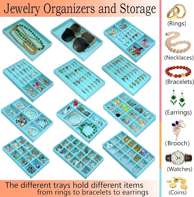 12 Pcs Jewelry Organizer Tray Stackable Velvet Jewelry Tray Earrings Display Case Necklace Earring Box Storage Drawer Bracelet Rings Accessories Trays, Blue