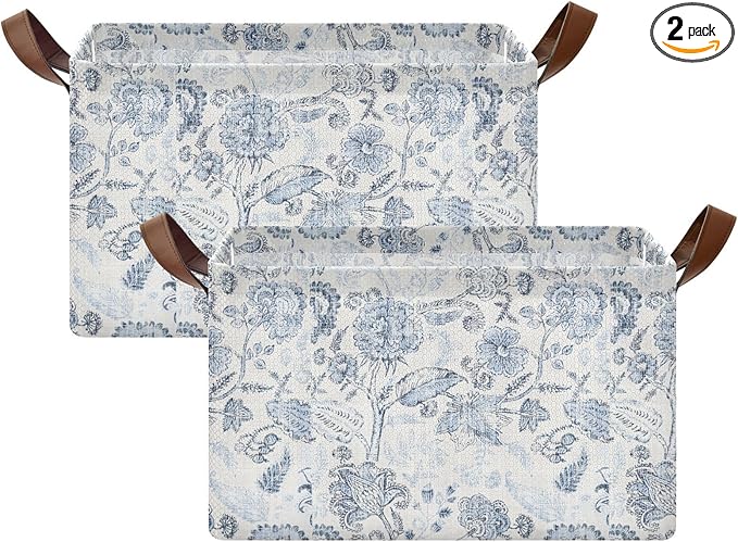 Vintage Blue Floral Rustic Retro Ethnic Storage Bins for Shelves with Labels&Handles Fabric Organizer Bin Foldable Rectangle Storage Basket Boxes for Closet, Bathroom, Home, Living Room, 2 Pack