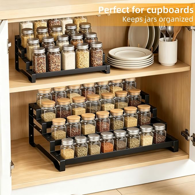 4-Tier Spice Rack Organizer, 13"-21.5" Expandable Spice Organization Shelf, Metal Seasoning Organizer for Kitchen Countertop or Pantry, Slip-Resistant Design for Jars and Bottles, Black