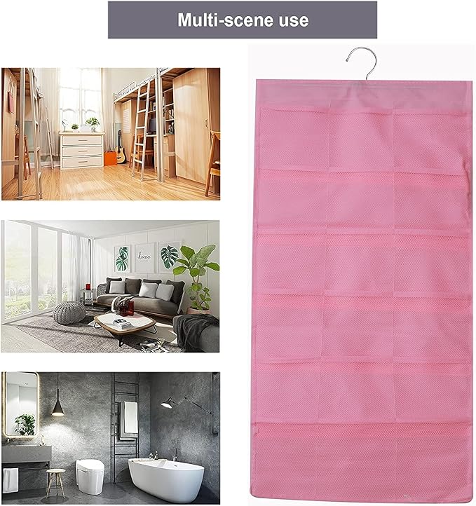 Hanging Mesh Pockets Dual-Sided Closet Organizer for Underwear,Bra,Socks,Accessories with Hanger,Total 24 Pockets Pink