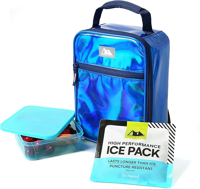 Arctic Zone Chrome Lunch Box Combo for Kids with Gel Ice Pack and Sandwich Container, Insulated Bag for Travel Lunch, Midnight