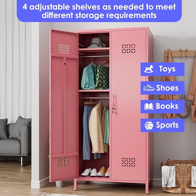 METAN 71" H*33.5" W*20" D Metal Wardrobe Closet with Lock,Extra Deep 2 Doors Metal Wardrobe Cabinet for Home,Assembly Required,Pink