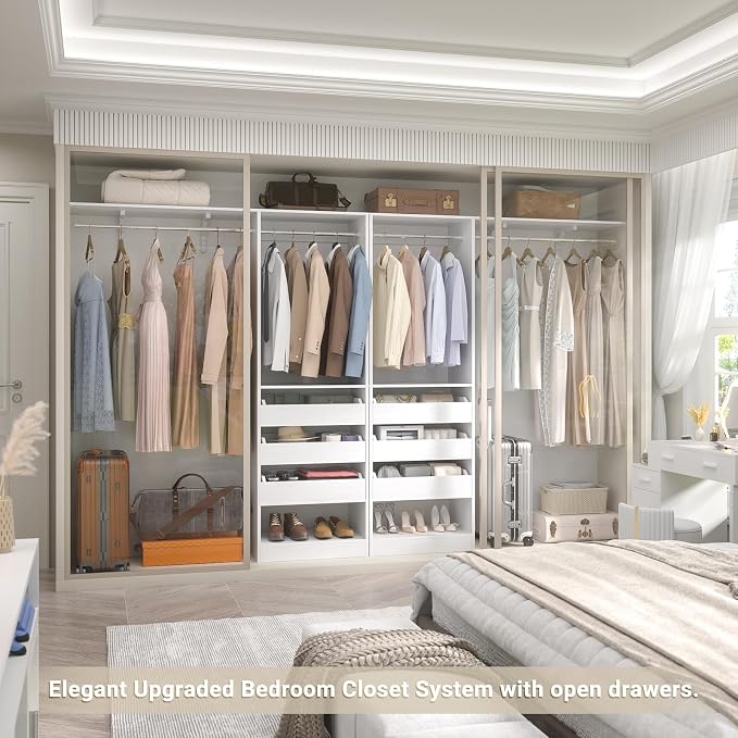 5FT Closet System with 3 Half-Open Wooden Drawers, 60'' Closet Organizer System with 2 Reversible Hanging Rods and Big Wing Shelf, 80" Tall Wall Mounted Wardrobe for Walk-in Closets, White