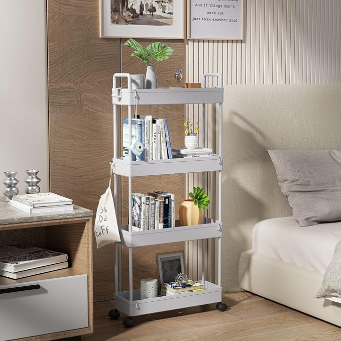 SOLEJAZZ Slim Rolling Storage Cart Skinny Bathroom Organizer, 4 Tier, Gray | Thin utility cart with wheels for bathroom, laundry room, bedside, kitchen, dorm, office, next to fridge, small narrow places
