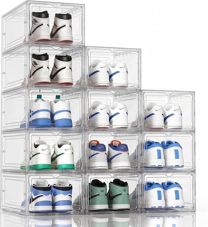 KEFA XL Shoe Storage Box Organizer, 12 Pack Shoe Boxes Clear Plastic Stackable, Sneaker Display Case Container Fit for US 12