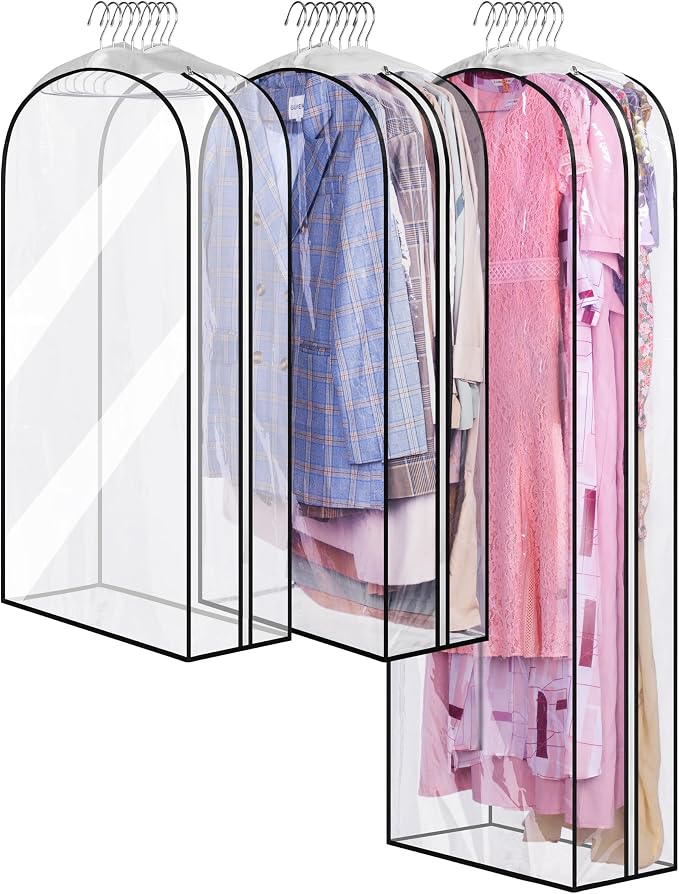 MISSLO 10" Gusseted All Clear Garment Bags for Hanging Clothes 40"+60" Suit Bags for Closet Storage Dresses Protectors for Shirts, Coats, Gowns, 3 Packs