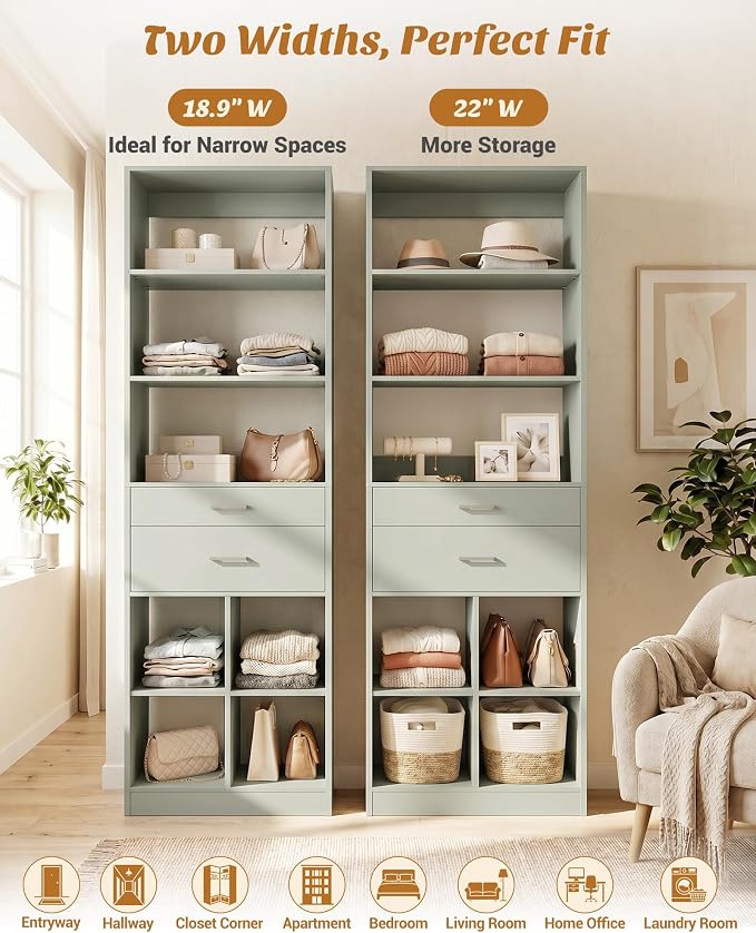 Besiost 18.9" Small Closet System with Drawers, Walk-in Closet Organizer | Small Closet Organizer for Walk in Closet, Bedroom & Nursery, Wardrobe Storage Unit with Storage and Shelves, Crab Green