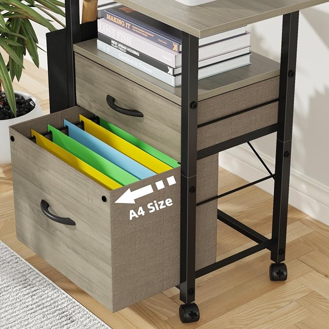 GYIIYUO 2 Drawer File Cabinet with 24'' Extended Desktop, Mobile | Rolling Filing Cabinet, Side Bag, Fits A4/Letter Size, Rolling Printer Stand, Home Office, Fabric Drawer, Oak Grey