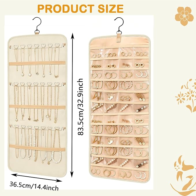 Hanging Jewelry Organizer, Double-Sided Jewelry Organizers and Storage with 48 Pockets and 21 Hooks for Necklaces Earrings Rings, Jewelry Travel Roll Over the Door for Closet Wall (1, White)