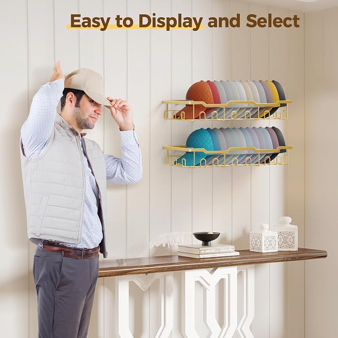 Nicetree Hat Racks for Baseball Caps Wall - Metal Hat Organizer for 48 Baseball Caps Holder, 2 Pack Hat Storage Organizer for Closet, Bedroom, Living Room