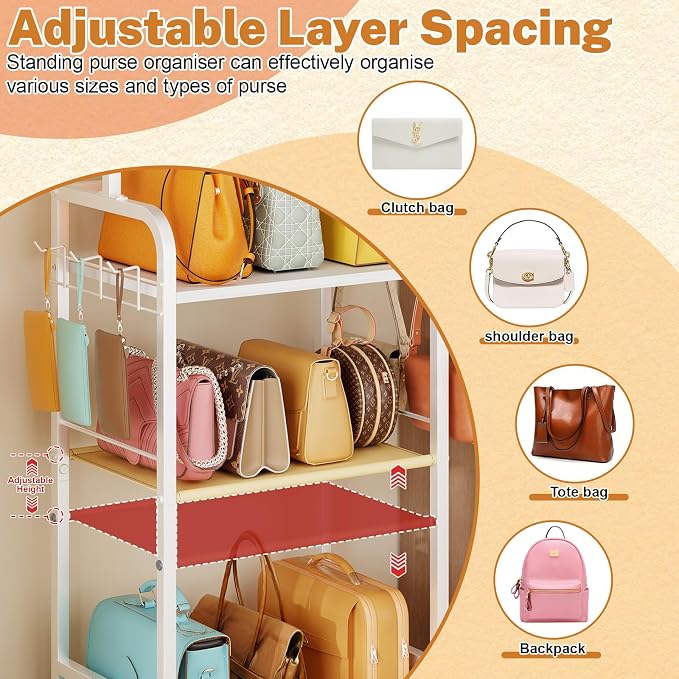 Tall Purse Organizer for Closet with 5 Purse Hanger & 6 Side Hooks, 4 Tier Floor-Standing Purse Rack Stand for Purse Storage, Narrow & High-Capacity Handbag Organizer, Backpack Storage for Small Place