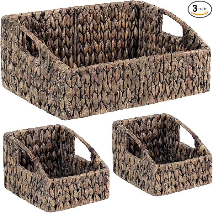 Set of 3 Handwoven Storage Baskets – Decorative Natural Wicker Organizer Bins with Built-in Handles for Bathroom, Kitchen, Pantry, Nursery, Closet, Laundry, Living Room, and Home Use