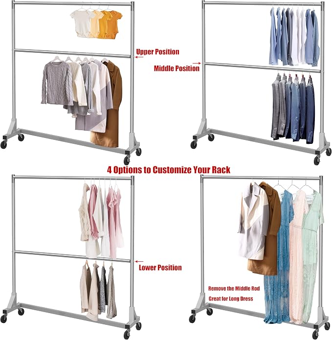Simple Houseware Commercial Grade Z-Base Double Rod Garment Rack, Silver | 600Lb Load with 63" Extra Long Bar, Adjustable Middle Bar
