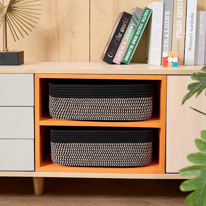 MiniArk Large Shallow Organizing Baskets 15x11x5.1 Inches - Rope Woven Storage Bins for Bathroom, Shelves, Cube Closet, Black Woven Brown 4 Packs