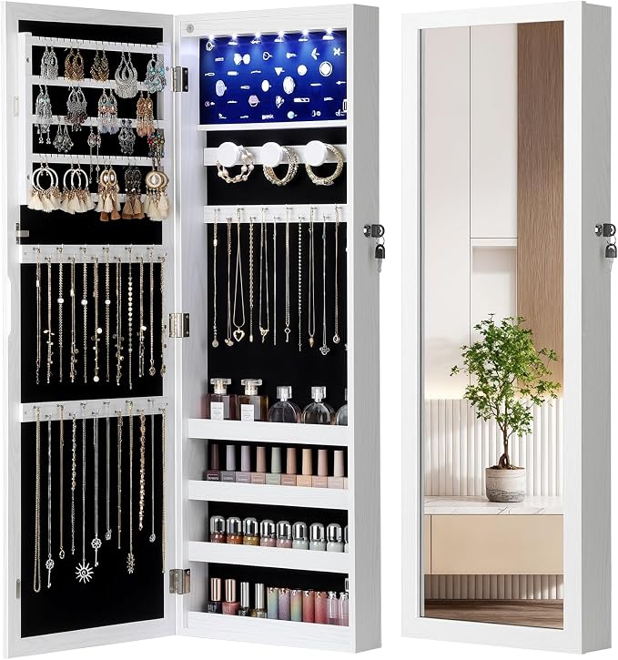 Nicetree 6 LEDs Mirror Jewelry Cabinet, Large Capacity Lockable Jewelry Armoire Organizer, Door or Wall Mounted Mirror with Jewelry Storage, Gift Idea, White