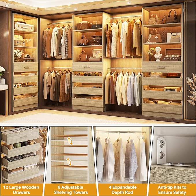 Aheaplus Closet System with 12 Drawers, 8.5-11.5Ft Wood Closet Organizer System with 4 Hang Rods & 3 Towers, 4Ft & 6Ft L-Shaped Walk-in Closets Wardrobe Organizer Clothes Rack, Set of 3, White Oak1