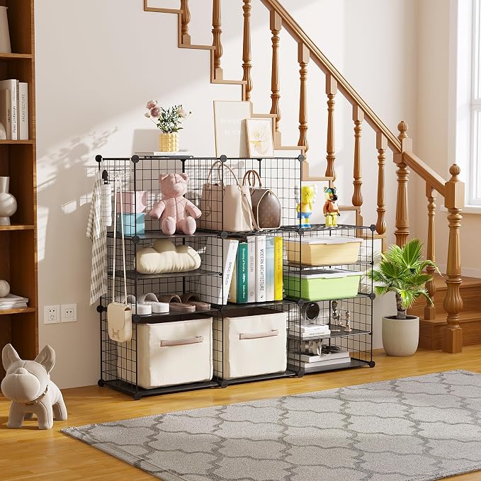 C&AHOME Wire Cube Storage Unit, Interlocking Metal Wire with Divider, Black | Modular Cabinet with Plastic Panels Bookshelf Stackable Closet Organizer with Small Hooks
