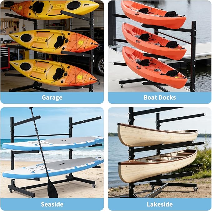 Freestanding Kayak Storage Rack with Wheels, Adjustable Kayak Racks for Garage and Outdoor, Heavy Duty Kayak Stands for Canoes, Kayaks, SUP and Surfboards