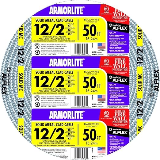 Southwire 68580022 50 ft 12/2 Solid CU MC Lite Cable, Aluminum