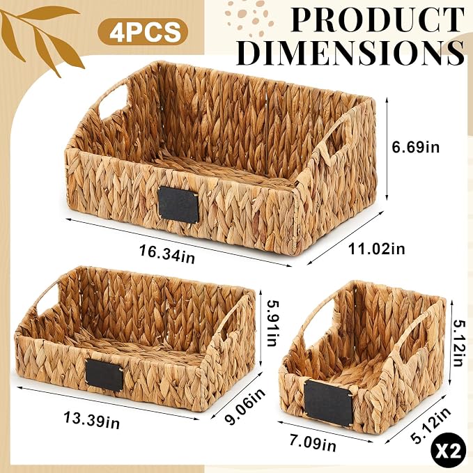 Wonderjune 4 Pcs Water Hyacinth Storage Basket Set Boho Wicker Rattan Pantry Basket with Chalkboard Label Handles Woven Container Kitchen Laundry Large Small for Shelves Food Home Bathroom Decor