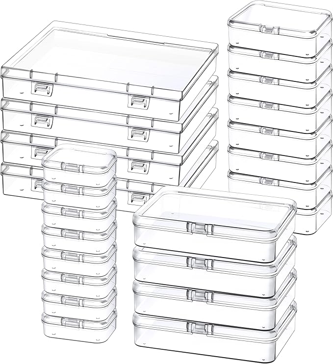 Mauproy Small Plastic Storage Containers with Lids, 4 Sizes, 24 Pack | Mini Bead Storage and Organizers, Rectangular Small Items Organizer Boxes with Hinged Lids and Labels for Craft Jewelry