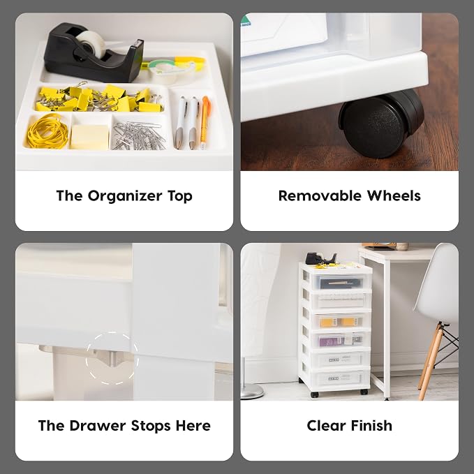 IRIS USA 6-Drawer Rolling Storage Cart, White/Clear | Keep craft supplies, office essentials, classroom items, and accessories organized with easy-access drawers for daily use