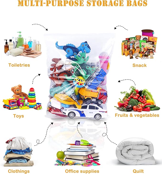 Large Storage Bags with Zipper Top, 5 Gallon Bags 18" x 24", Resealable Plastic Bag, Jumbo Freezer Bag for Food, Clothes, Travel, Moving, 3.1-mil Thick, Pack of 25