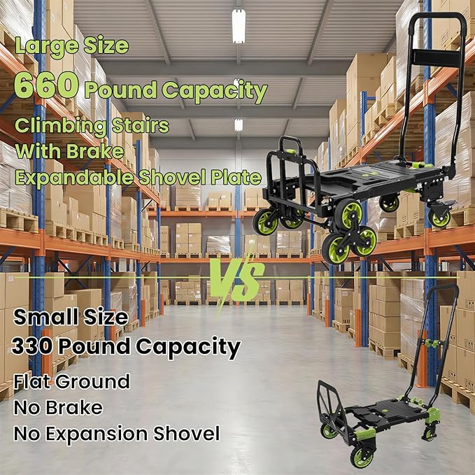 Upgraded 3 in 1 Convertible Folding Hand Truck with Brakes, Hand Truck Dolly Heavy Duty 660lbs Capacity, Stair Climbing Cart with Adjustable Shovel Board and Fixed Handle for Moving