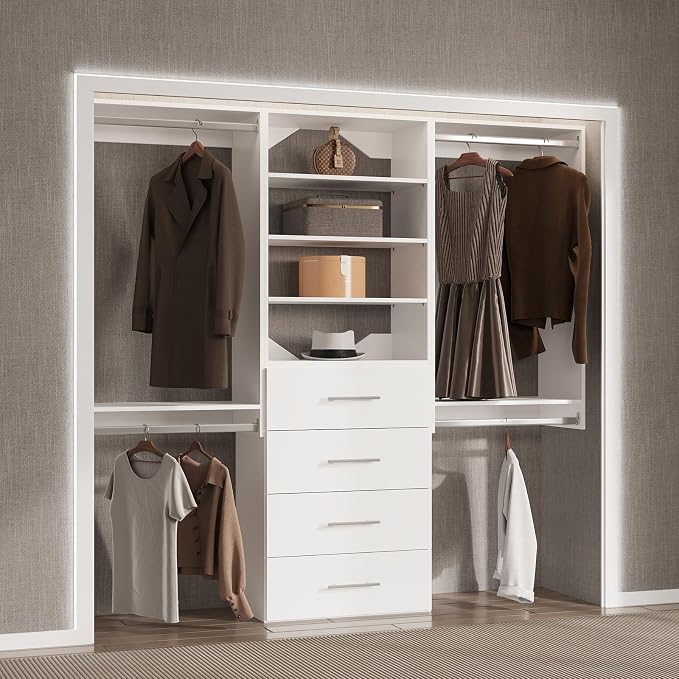 Modular Closet System, 60" Wide Closet Organizer System with Hanging and Drawers, Wood Tower Closet Storage for Walk In Closets, Wall Mounted Wardrobe Organizer Kit System, Bedroom, White