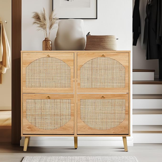 Karl home Natural Rattan Shoe Cabinet with 4 Flip Drawers Entryway Storage | Freestanding Hidden Shoe Organizer Cupboard, Rattan Storage for Entryway, Hallway, Living Room
