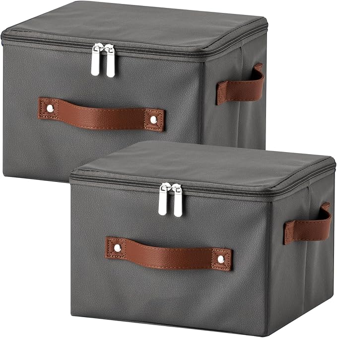 2PCS Storage Bins with Zipper Lid PU leather Storage Boxes Leather Fabric Collapsible Lidded Baskets Cube with Handle Decorative Shelves Closet Organizer Container(Dark Gray, Small Size)