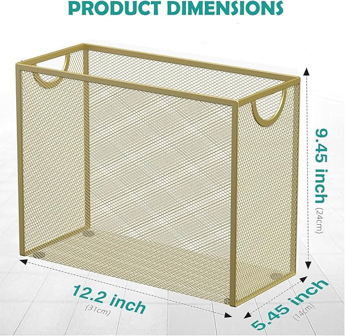Sinboun Hanging File Organizer Letter-Size File Holder Filing Box Includes 5 Hanging Folders - Metal Mesh Magazine Letter Storage Cabinets File Cart for Office Home School, No Assembly Required Gold