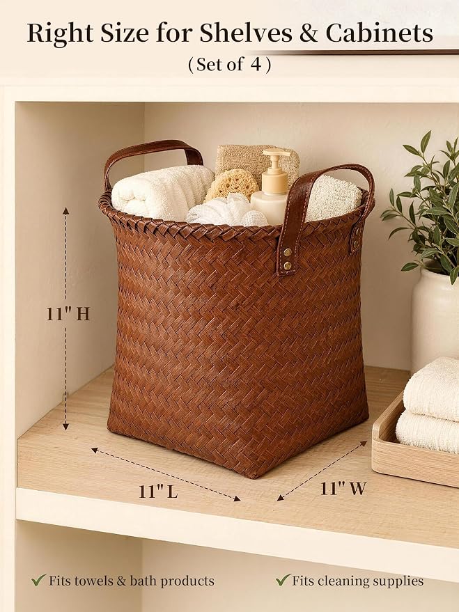 Hand Woven Baskets for Storage, 4Pcs Water-Resistant Wicker Baskets, Brown Wicker Storage Baskets for Shelves, Large Basket with Handle for Organizing, Closet, Laundry, Blanket - Round