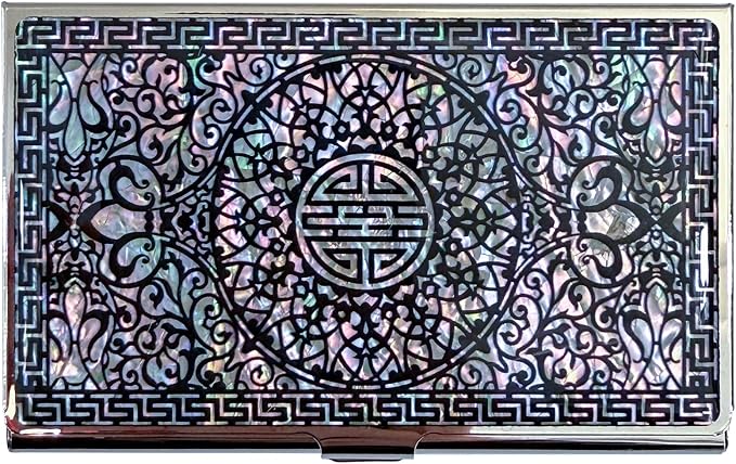 Mother of Pearl Business Card Case Credit Id Name Holder Travel Wallet Art Painting Design Metal Stainless Steel Engraved Slim Purse Pocket Cash Money Wallet (N-Pattern)