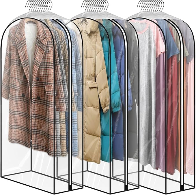 3 Pack 60" All Clear Garment Bags for Hanging Clothes Storage, 10" Gusseted Large Capacity Garment Rack Cover, Large Hanging Clothing Bag for Dress Gowns, Coats, Suit, Down Jacket