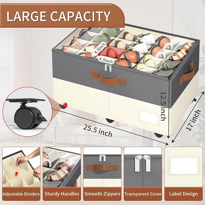 Foyego Shoe Organizer for Closet, Shoe Storage Organizer with Wheels and Adjustable Dividers, Stackable Shoe Storage Box with Clear Cover, Closet Shoe Organizer Fits up to 24-48 Pairs, Gray and Beige