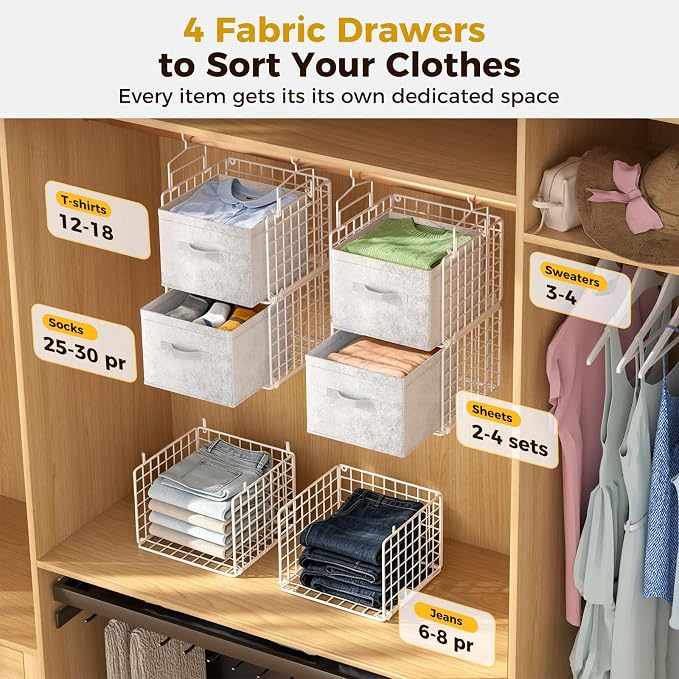 4 Tier Hanging Closet Organizer with 4 Drawers, Metal Closet Organizers and Storage with 4 Hanging Hooks for Wardrobe Laundry Room Garage, Wire Storage Shelf for Clothes Sweaters Pants, White